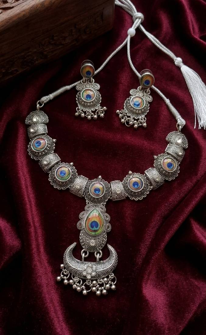 oxidized silver peacock feather necklace set with earrings   choker for navratri garba, weddings & festivals