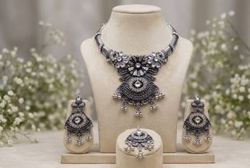 oxidised silver jewellery set wfor navratri garba   crystal studded choker set 3