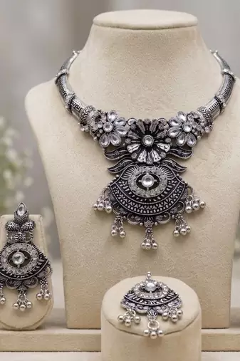 oxidised silver jewellery set wfor navratri garba   crystal studded choker set