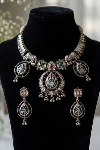 antique oxidised silver elephant meenakari choker necklace & earrings set for navratri garba jewelry