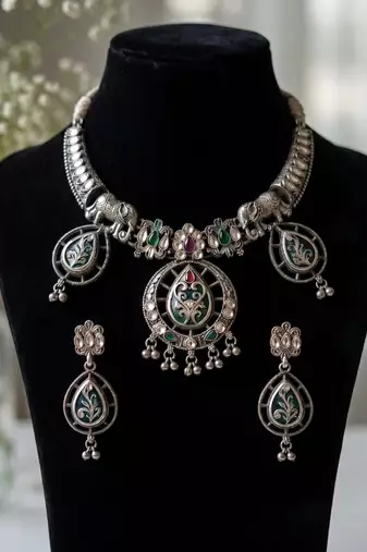 antique oxidised silver elephant meenakari choker necklace & earrings set for navratri garba jewelry