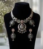 antique oxidised silver elephant meenakari choker necklace & earrings set for navratri garba jewelry