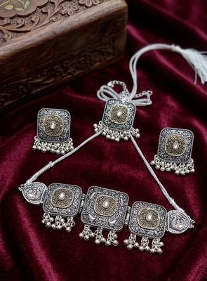 oxidized silver choker set dual tone tribal german silver necklace earrings navratri special jewellery set wedding 1