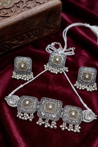 oxidized silver choker set dual tone tribal german silver necklace earrings navratri special jewellery set wedding