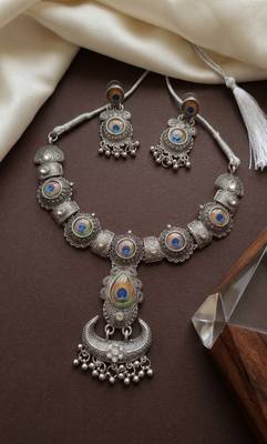 oxidized silver peacock feather necklace set with earrings   choker for navratri garba, weddings & festivals 3