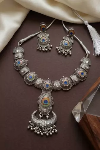 oxidized silver peacock feather necklace set with earrings   choker for navratri garba, weddings & festivals
