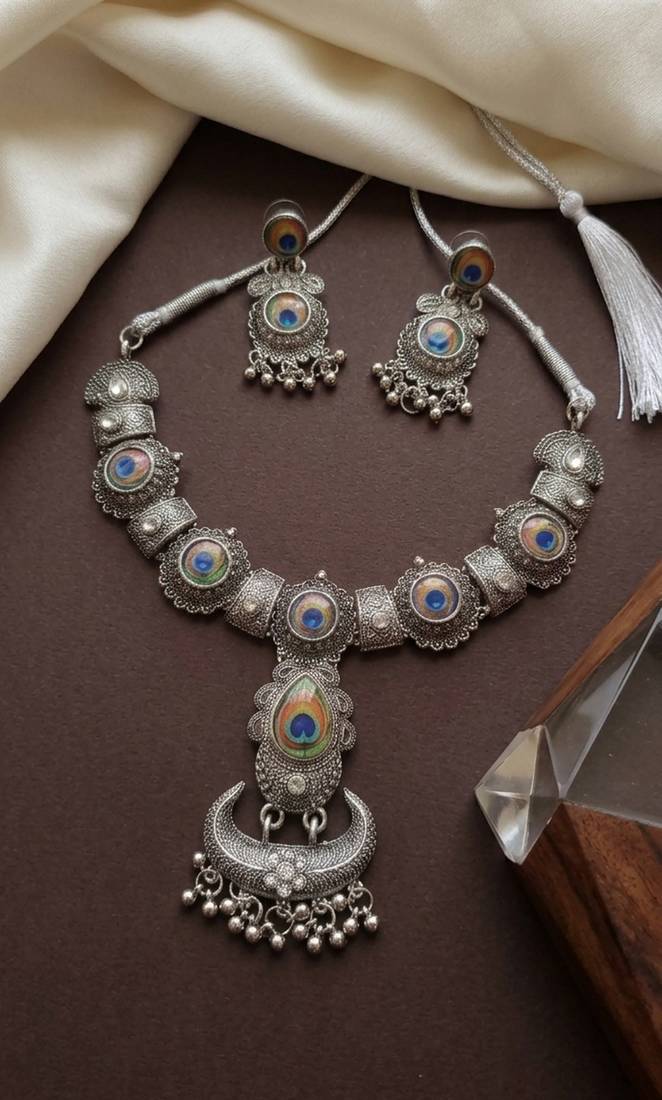 oxidized silver peacock feather necklace set with earrings   choker for navratri garba, weddings & festivals
