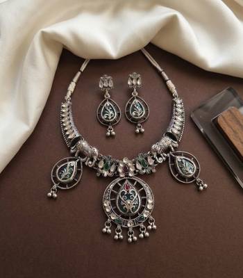 antique oxidised silver elephant meenakari choker necklace & earrings set for navratri garba jewelry 2