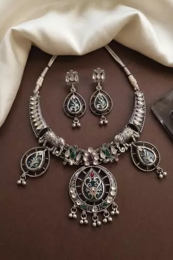 antique oxidised silver elephant meenakari choker necklace & earrings set for navratri garba jewelry