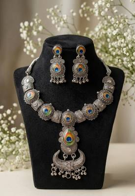 oxidized silver peacock feather necklace set with earrings   choker for navratri garba, weddings & festivals 4