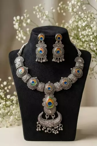 oxidized silver peacock feather necklace set with earrings   choker for navratri garba, weddings & festivals