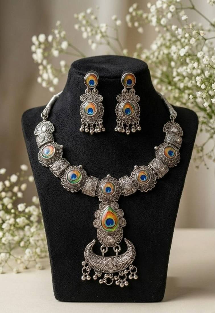 oxidized silver peacock feather necklace set with earrings   choker for navratri garba, weddings & festivals
