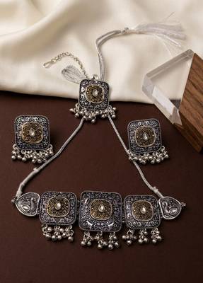 oxidized silver choker set dual tone tribal german silver necklace earrings navratri special jewellery set wedding 2