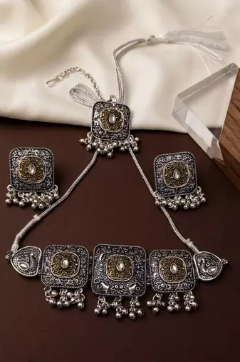 oxidized silver choker set dual tone tribal german silver necklace earrings navratri special jewellery set wedding