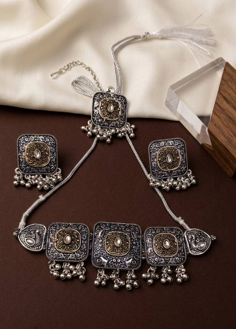 oxidized silver choker set dual tone tribal german silver necklace earrings navratri special jewellery set wedding