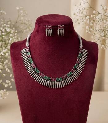 silver oxidized tribal choker necklace earrings set with red green stones   indian ethnic navratri jewellery set 1