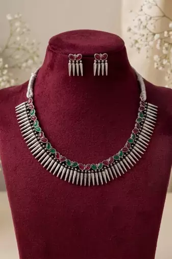 silver oxidized tribal choker necklace earrings set with red green stones   indian ethnic navratri jewellery set