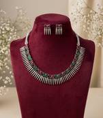 silver oxidized tribal choker necklace earrings set with red green stones   indian ethnic navratri jewellery set