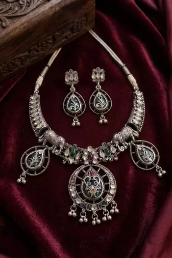 antique oxidised silver elephant meenakari choker necklace & earrings set for navratri garba jewelry