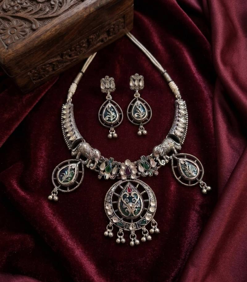 antique oxidised silver elephant meenakari choker necklace & earrings set for navratri garba jewelry
