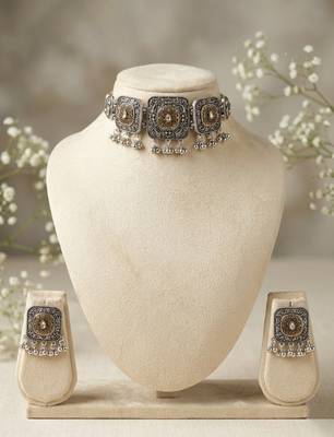 oxidized silver choker set dual tone tribal german silver necklace earrings navratri special jewellery set wedding 3