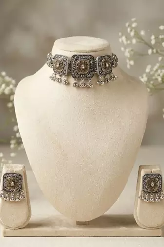 oxidized silver choker set dual tone tribal german silver necklace earrings navratri special jewellery set wedding
