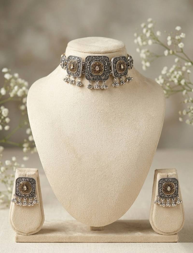 oxidized silver choker set dual tone tribal german silver necklace earrings navratri special jewellery set wedding