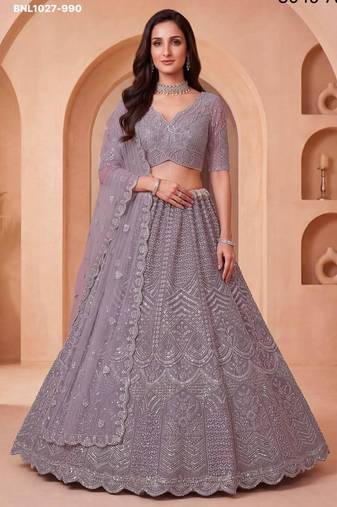 mauve net embroidered party lehenga choli