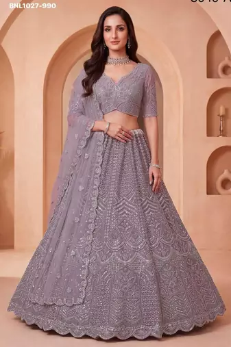 mauve net embroidered party lehenga choli
