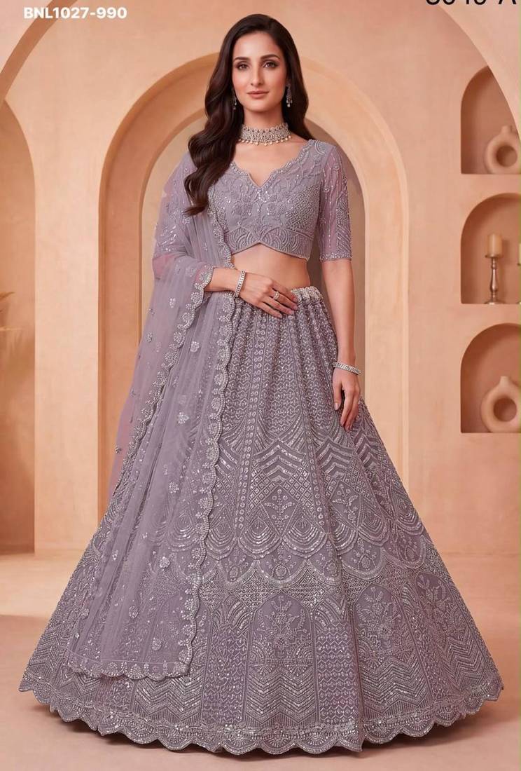 mauve net embroidered party lehenga choli