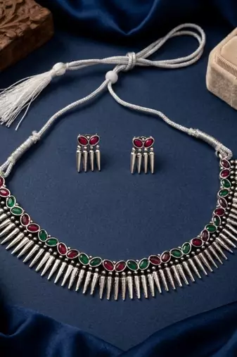 silver oxidized tribal choker necklace earrings set with red green stones   indian ethnic navratri jewellery set
