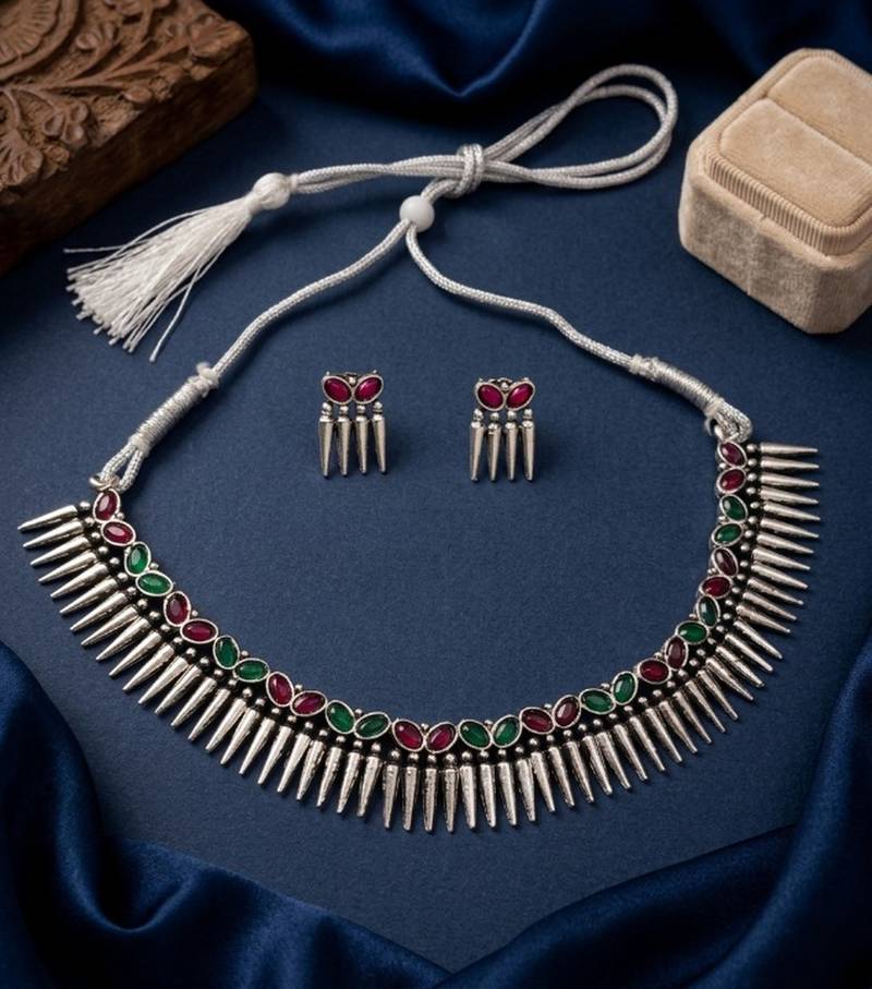silver oxidized tribal choker necklace earrings set with red green stones   indian ethnic navratri jewellery set