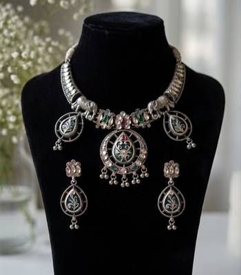 antique oxidised silver elephant meenakari choker necklace & earrings set for navratri garba jewelry 4