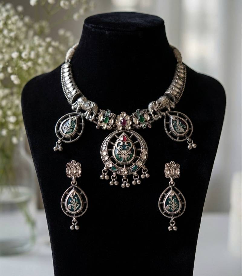 antique oxidised silver elephant meenakari choker necklace & earrings set for navratri garba jewelry