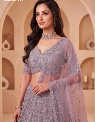 mauve net embroidered party lehenga choli 2