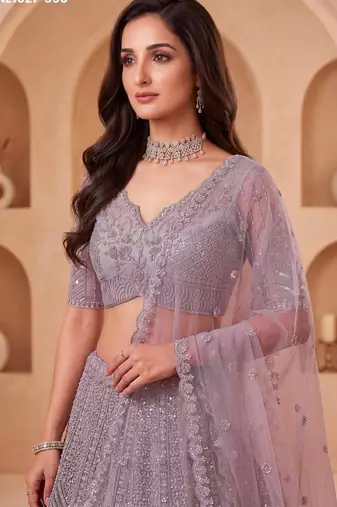 mauve net embroidered party lehenga choli
