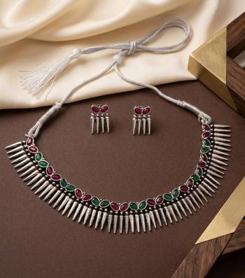 silver oxidized tribal choker necklace earrings set with red green stones   indian ethnic navratri jewellery set 3