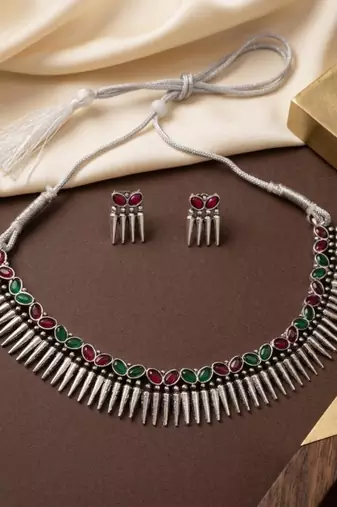 silver oxidized tribal choker necklace earrings set with red green stones   indian ethnic navratri jewellery set