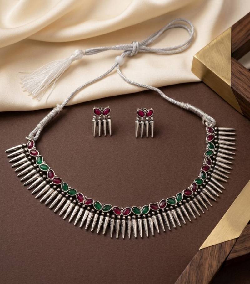 silver oxidized tribal choker necklace earrings set with red green stones   indian ethnic navratri jewellery set