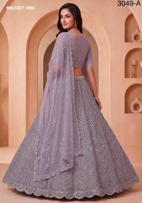 mauve net embroidered party lehenga choli 3
