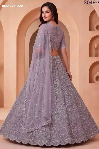 mauve net embroidered party lehenga choli