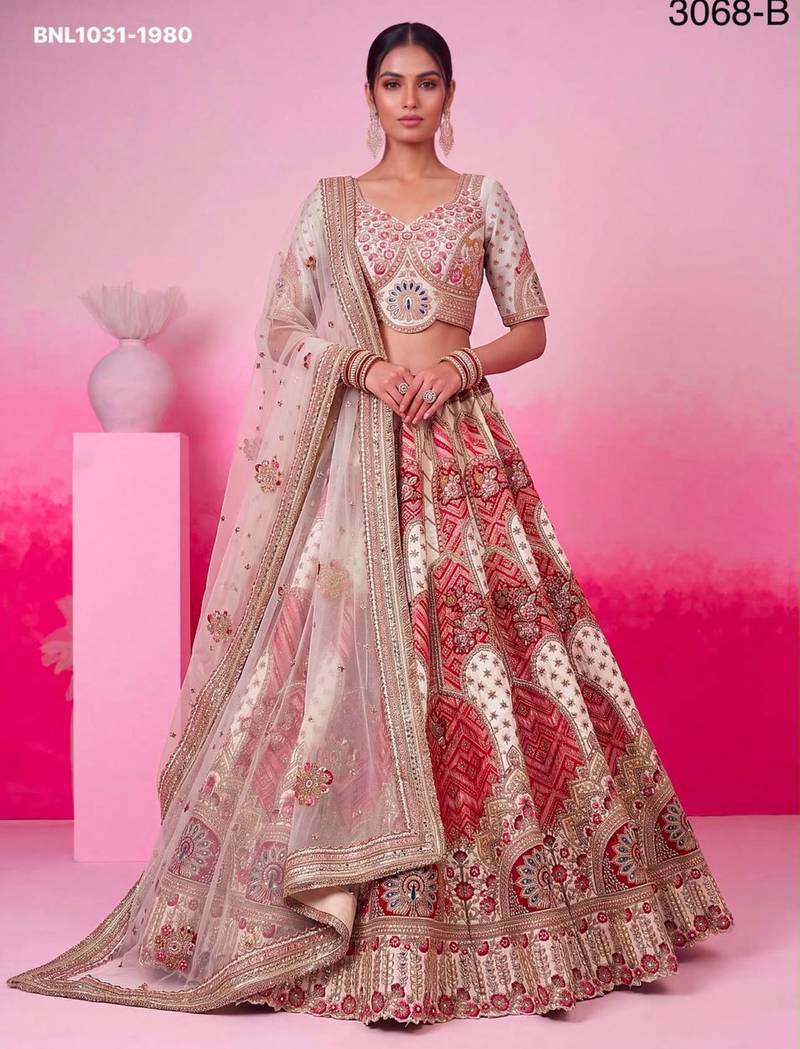 off white silk blend embroidered bridal lehenga choli