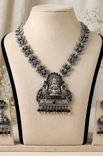 south indian temple jewelry set antique silver black haram necklace jhumka earrings ethnic bridal wedding jewelry