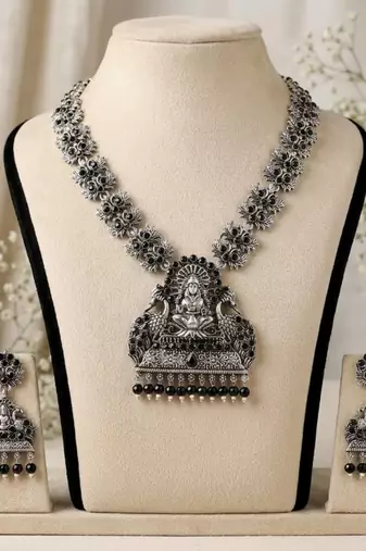 south indian temple jewelry set antique silver black haram necklace jhumka earrings ethnic bridal wedding jewelry
