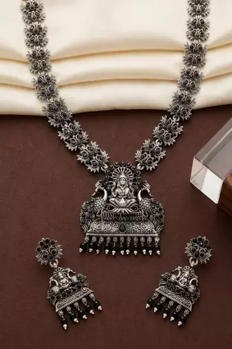 south indian temple jewelry set antique silver black haram necklace jhumka earrings ethnic bridal wedding jewelry