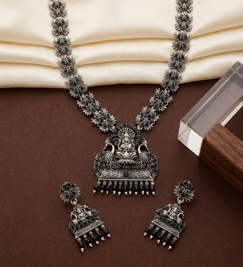south indian temple jewelry set antique silver black haram necklace jhumka earrings ethnic bridal wedding jewelry
