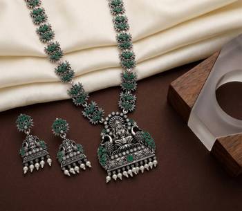 south indian temple jewelry set antique silver green haram necklace jhumka earrings ethnic bridal wedding jewelry 1