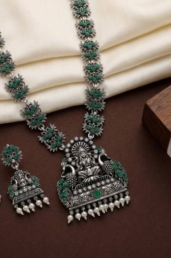 south indian temple jewelry set antique silver green haram necklace jhumka earrings ethnic bridal wedding jewelry
