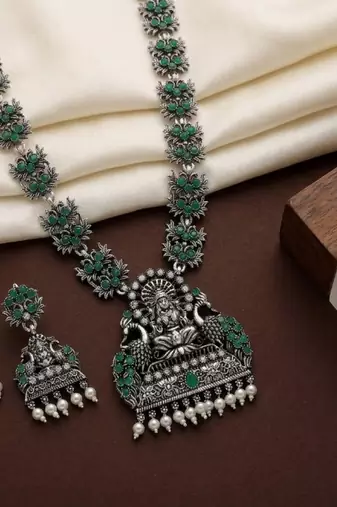 south indian temple jewelry set antique silver green haram necklace jhumka earrings ethnic bridal wedding jewelry