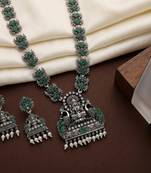 south indian temple jewelry set antique silver green haram necklace jhumka earrings ethnic bridal wedding jewelry